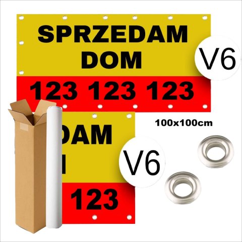 BANER REKLAMOWY SPRZEDAM OCZKOWANY WYTRZYMAŁY ŻÓŁTO-CZERWONY V6 100x100cm