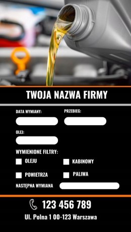 NAKLEJKA WYMIANA OLEJU WODOODPORNE 100 SZTUK 10X6 SERWIS OLEJU MOCNY KLEJ