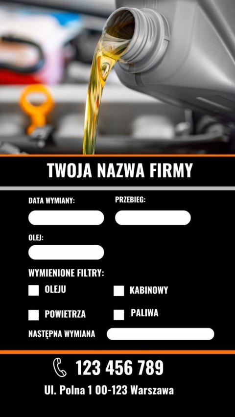 NAKLEJKA WYMIANA OLEJU WODOODPORNE 100 SZTUK 10X6 SERWIS OLEJU MOCNY KLEJ