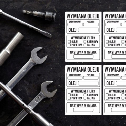 NAKLEJKI SERWISOWE WYMIANA OLEJU BIAŁE 10x6cm 50 SZTUK WODOODPORNE