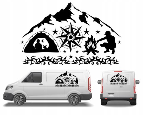 Naklejka na Kamper Samochód Kemping Bus Przyczepę Róża Wiatrów Góry Biwak