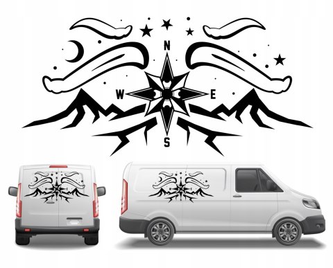 Naklejka na Kamper Samochód Kemping Bus Przyczepę Róża Wiatrów Góry NADRUK