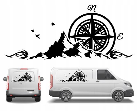 Naklejka na Samochód Kamper Kemping Bus Przyczepę Róża Wiatrów Góry NADRUK