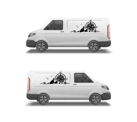 Naklejka na Samochód Kamper Kemping Bus Przyczepę Róża Wiatrów Góry NADRUK