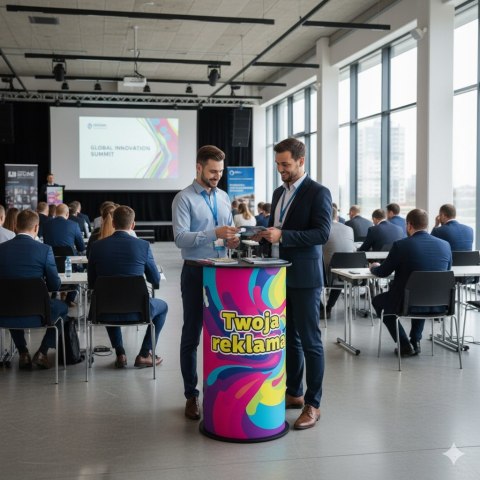 TRYBUNKA REKLAMOWA IDEALNA NA EVENTY Z GRAFIKĄ FIRMOWĄ OKRĄGŁA 40x94cm