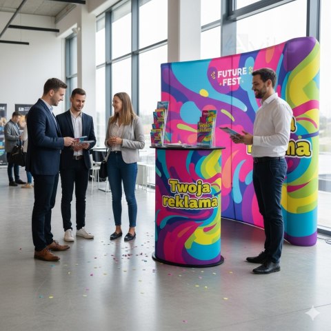 TRYBUNKA REKLAMOWA IDEALNA NA EVENTY Z GRAFIKĄ FIRMOWĄ OKRĄGŁA 40x94cm