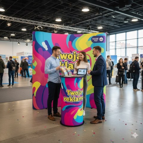 TRYBUNKA REKLAMOWA IDEALNA NA EVENTY Z GRAFIKĄ FIRMOWĄ OKRĄGŁA 40x94cm